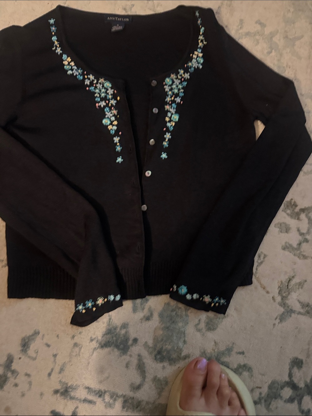 Ann Taylor Black Cardigan with Blue Floral Embroidery. Silk